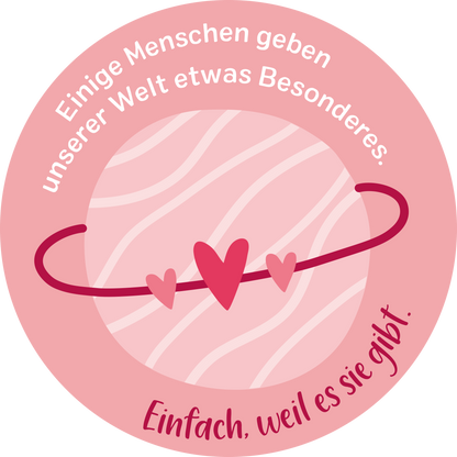 Gezeigt wird eine Innen- oder Zusatzansicht von „Beste Mama von allen“. Die Darstellung zeigt einen rosa Hintergrund mit geschwungenen Linien. In der Mitte befindet sich ein großer, heller Kreis, umgeben von einer roten geschwungenen Linie, auf der zwei stilisierte Herzen platziert sind. Oben steht in verspielter Schrift „Einige Menschen geben unserer Welt etwas Besonderes“ und unten in einer kräftigen, gut lesbaren Schrift „Einfach, weil es sie gibt.“