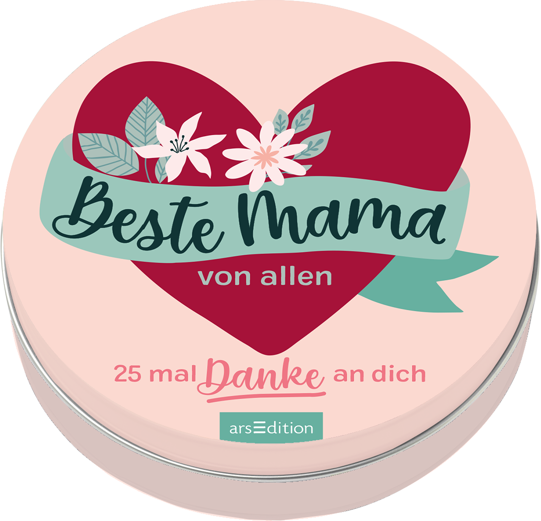 Das Buchcover zeigt einen runden Hintergrund in sanften rosa Tönen. Im Zentrum befindet sich ein großes, rotes Herz, das von floralen Elementen wie weißen und grünen Blättern umrahmt wird. Der Titel „Beste Mama“ ist in geschwungener, schwarzer Schrift platziert, darunter steht „von allen“ in schlichterer Schrift. Am unteren Rand ist der Text „25 mal Danke an dich“ in einer freundlichen, handschriftlichen Schrift gestaltet. Ganz unten mittig steht der Logoschriftzug von...