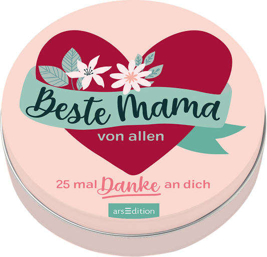 Das Buchcover zeigt einen runden Hintergrund in sanften rosa Tönen. Im Zentrum befindet sich ein großes, rotes Herz, das von floralen Elementen wie weißen und grünen Blättern umrahmt wird. Der Titel „Beste Mama“ ist in geschwungener, schwarzer Schrift platziert, darunter steht „von allen“ in schlichterer Schrift. Am unteren Rand ist der Text „25 mal Danke an dich“ in einer freundlichen, handschriftlichen Schrift gestaltet. Ganz unten mittig steht der Logoschriftzug von...