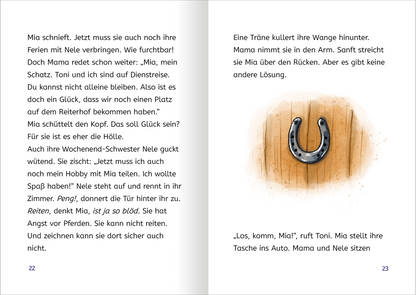 Gezeigt wird eine Innen- oder Zusatzansicht von „Zauberponys“. Die Seite besteht aus zwei Spalten, links steht der Text in starker, gut lesbarer Typografie, die in sanften Schwarz- und Grautönen gehalten ist. Die Schrift ist groß und klar, um die Lesbarkeit zu verbessern. Rechts ist eine gezeichnete Darstellung eines Hufeisens auf einem Holzhintergrund. Die Farben sind warm und einladend, wobei der Holzton im Vordergrund steht. Der Text erzählt von Mias Gefühlen und ihren Erlebnissen.