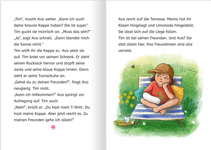 Gezeigt wird eine Innen- oder Zusatzansicht von „Magische Häschen“. Die Seite zeigt einen Dialog zwischen zwei Charakteren, Ava und Tim. Links ist ein Textfeld mit verspielter, kindgerechter Schrift, das die Worte der Charaktere darstellt. Rechts ist eine farbenfrohe Illustration: Ava sitzt auf einer Liege mit einem bunten Kissen, während Tim in einem hellen Shirt, einer blauen Kappe und einer Jacke dargestellt wird. Im Hintergrund sind Blumen und eine sonnige Terrasse sichtbar.