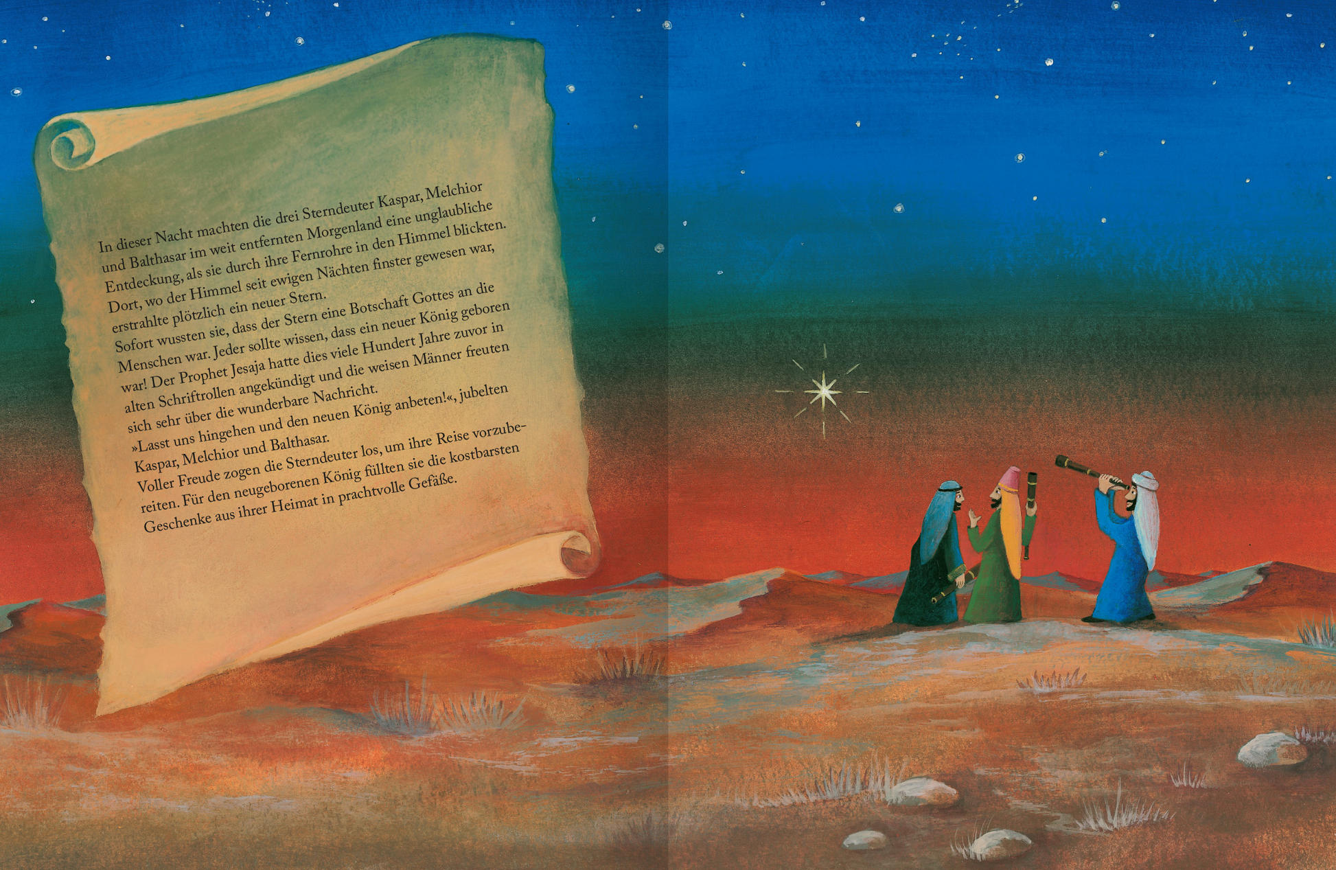 Gezeigt wird eine Innen- oder Zusatzansicht von „Das Wunder der Heiligen Nacht“. Die Illustration zeigt eine bunte, nächtliche Landschaft mit sanften Hügeln im Vordergrund, unter einem tiefblauen Himmel, der in warmen Rottönen übergeht. Drei weise Männer stehen im Mittelpunkt und eine leuchtende Sternensymbolik ist sichtbar. Ein in hellen Farben gehaltenes Schriftstück links überlagert die Szene, wobei die Typografie elegant und gut lesbar ist.