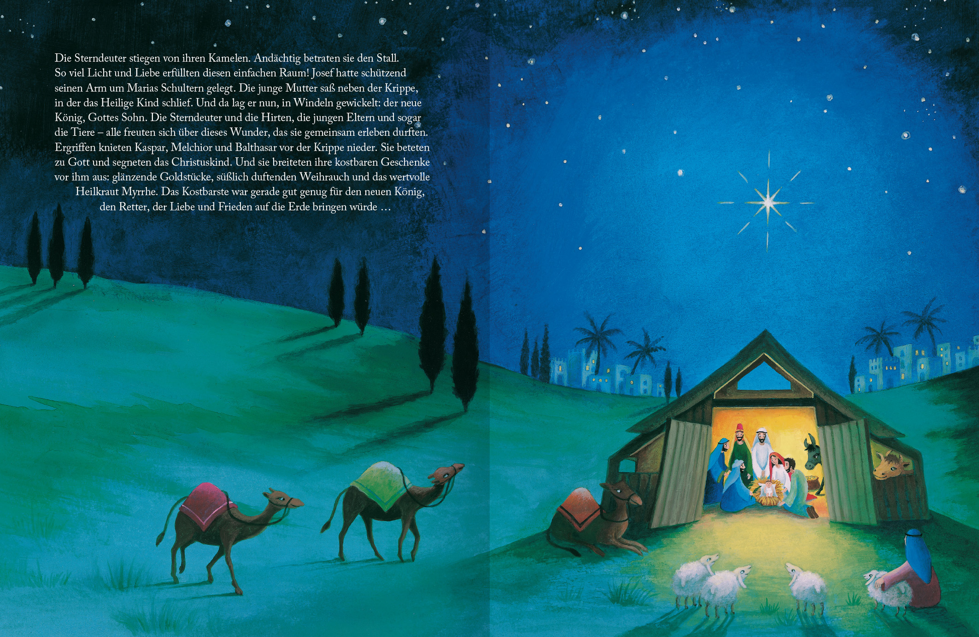 Gezeigt wird eine Innen- oder Zusatzansicht von „Das Wunder der Heiligen Nacht“. Die Illustration zeigt eine nächtliche Szene mit einem tiefblauen Himmel voller Sterne. In der Mitte steht eine einfache Krippe, in der Maria, Josef und das Kind zu sehen sind, umgeben von Kamelen und Schafen. Die Farben sind warm und einladend, mit sanften Gelbtönen, die die Krippe erhellen. Die Typografie ist groß und klar, sodass der Text gut lesbar ist und die Handlung unterstützt.