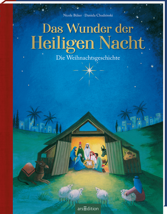 Auf dem bunten Cover des Buches „Das Wunder der Heiligen Nacht“ von Nicole Büker und Daniela Chudzinski dominiert ein tiefblauer Hintergrund, in dem ein strahlender Stern leuchtet. In der Darstellung einer Krippenszene sind Maria, Josef und das Jesu-Kind zu sehen, umgeben von weiteren Figuren und Tieren. Der Titel des Buches ist in goldgelber Schrift platziert, darüber steht der Untertitel „Die Weihnachtsgeschichte“. Ganz unten mittig steht der Logoschriftzug von arsEdition.