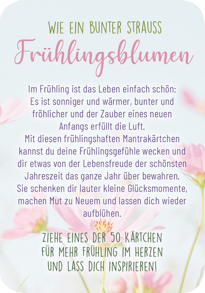 Gezeigt wird eine Innen- oder Zusatzansicht von „Frühlingsmantras“. Die Gestaltung ist von sanften Pastelltönen geprägt, vor allem Rosa und Hellgrün, die eine fröhliche Frühlingsatmosphäre erzeugen. Der Titel „Frühlingsblumen“ ist in einer verspielten, geschwungenen Schriftart geschrieben, während der begleitende Text in einer klaren, gut lesbaren Schriftart verfasst ist. Zarte florale Elemente umrahmen den Text und verleihen der Ansicht eine harmonische, einladende Wirkung.