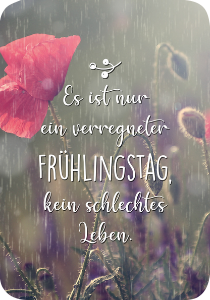 Gezeigt wird eine Innen- oder Zusatzansicht von „Frühlingsmantras“. Die Darstellung zeigt eine sanfte, verschwommene Frühlingslandschaft im Hintergrund, dominiert von sanften Grüntönen und einem zarten Bildelement eines Mohnblumenblattes in Rot. Darauf ist in einer geschwungenen, weißen Schrift der Text „Es ist nur ein verregneter FRÜHLINGSTAG, kein schlechtes Leben.“ hervorgehoben, was dem Bild eine positive und optimistische Botschaft verleiht.