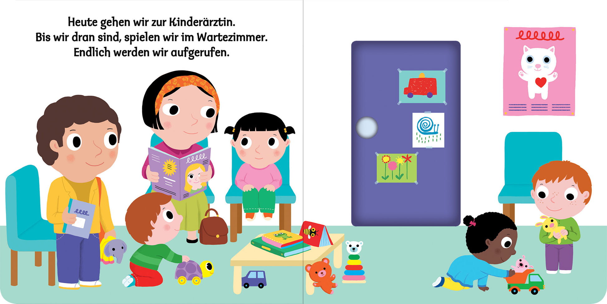 Gezeigt wird eine Innen- oder Zusatzansicht von „Mein erstes Buch vom Kinderarzt“. Die Illustrationen zeigen eine farbenfrohe Wartezimmer-Szene mit mehreren Kindern und einer Erwachsenen. Die Farben sind lebhaft und einladend, vorwiegend in Pastelltönen wie Blau, Rosa und Grün. Die Typografie ist groß und klar, sodass die Texte gut lesbar sind. Im Vordergrund spielen die Kinder mit verschiedenen Spielzeugen, während im Hintergrund eine Tür und ein Informationsplakat zu sehen sind.