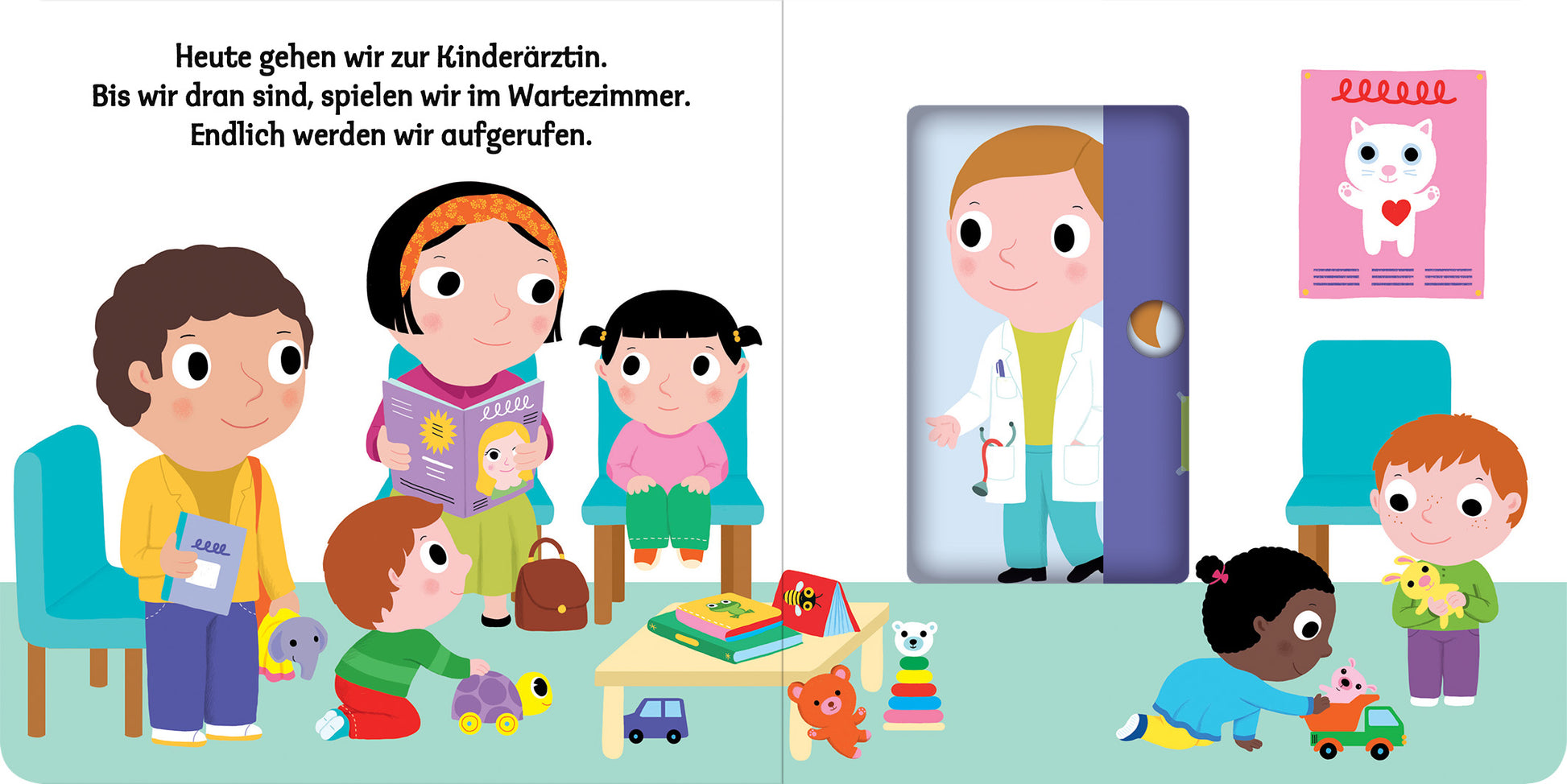Gezeigt wird eine Innen- oder Zusatzansicht von „Mein erstes Buch vom Kinderarzt“. Die Illustration zeigt eine freundliche Wartesituation in einem Kinderarztzimmer. Bunte Möbel und Spielzeuge beleben den Raum. Kinder unterschiedlichen Geschlechts und unterschiedlicher Hautfarbe sitzen zusammen, während ein Arzt im Hintergrund erscheint. Der Text beschreibt die Aktivitäten, gleichzeitig wird eine helle Farbpalette und eine kindgerechte, verspielte Typografie verwendet. Die Atmosphäre ist...