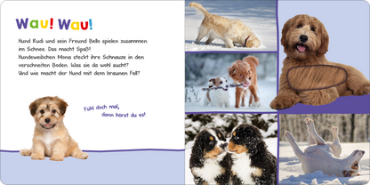 Gezeigt wird eine Innen- oder Zusatzansicht von „Hör mal rein, wer kann das sein? – Kleine Tiere im Schnee“. Die Seite ist in sanften Pastellfarben gestaltet, wobei ein hellblauer Hintergrund dominiert. Links befindet sich ein großes, knuffiges Hundebild mit einem beschriftenden Text in bunter, verspielter Typografie. Rechts sind mehrere Bilder von Hunden, die im Schnee spielen, sowie eine dialogartige Textblase in fröhlicher Schrift. Die Anordnung vermittelt eine einladende und...