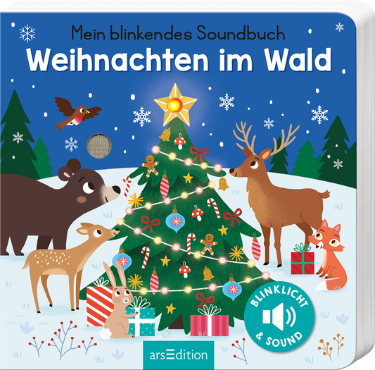 Auf dem Buchcover ist eine fröhliche Weihnachtswaldszene zu sehen. Ein prächtig geschmückter Weihnachtsbaum mit bunten Lichtern und einer leuchtenden Sternspitze steht im Mittelpunkt. Um ihn herum versammeln sich niedliche Tiere wie ein Bär, ein Reh, ein Hase und ein Fuchs, die aufmerksam in die winterliche Umgebung schauen. Der Himmel ist in einem tiefen Blau gehalten, was eine festliche Atmosphäre schafft. Oben links steht der Titel „Mein blinkendes Soundbuch Weihnachten im Wald“ in...