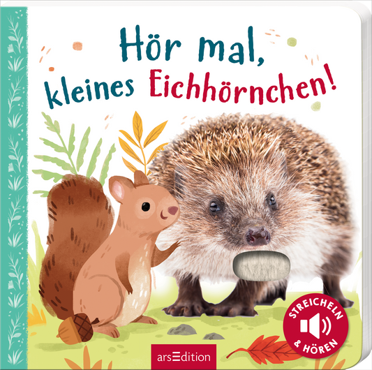 Das Buchcover zeigt ein liebenswertes, illustriertes Eichhörnchen und einen Igel in bunten Farben, umgeben von grünen Blättern und Ästen. Der Titel „Hör mal, kleines Eichhörnchen!“ ist in verspielter Schrift, farbig gestaltet. In der unteren rechten Ecke befindet sich ein runder Button mit dem Text „STREICHELN &amp; HÖREN“. Ganz unten mittig steht der Logoschriftzug von arsEdition.