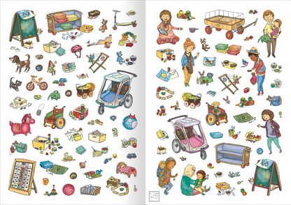 Gezeigt wird eine Innen- oder Zusatzansicht von „Mein Stickerheft – Kindergarten“. Die Abbildung zeigt eine bunte Mischung aus Spielzeug und Spielszenen im Kindergarten. Dominierende Farben sind Blau, Grün, Rot und Gelb. Figuren, darunter Kinder und Tiere, sind detailliert und freundlich gezeichnet. Typografisch ist die Schrift verspielt und gut lesbar, um den kindlichen Lesern gerecht zu werden. Elemente wie Trampolines, Fahrzeuge und Spielplätze laden zum Entdecken ein.