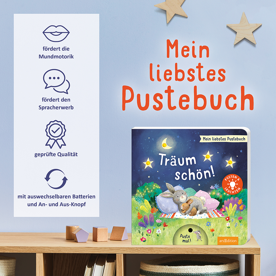 Gezeigt wird eine Innen- oder Zusatzansicht von „Mein liebstes Pustebuch – Träum schön!“. Die Illustration zeigt ein buntes Design mit sanften Farben, dominierend sind Blau- und Grüntöne. Der Titel „Träum schön!“ ist in großer, verspielter Typografie in Weiß und Gelb gehalten. Auf der linken Seite sind Icons, die Funktionen des Buches erläutern, in klaren, grafischen Darstellungen. Die Gesamtästhetik vermittelt eine beruhigende und einladende Atmosphäre für Kinder.
