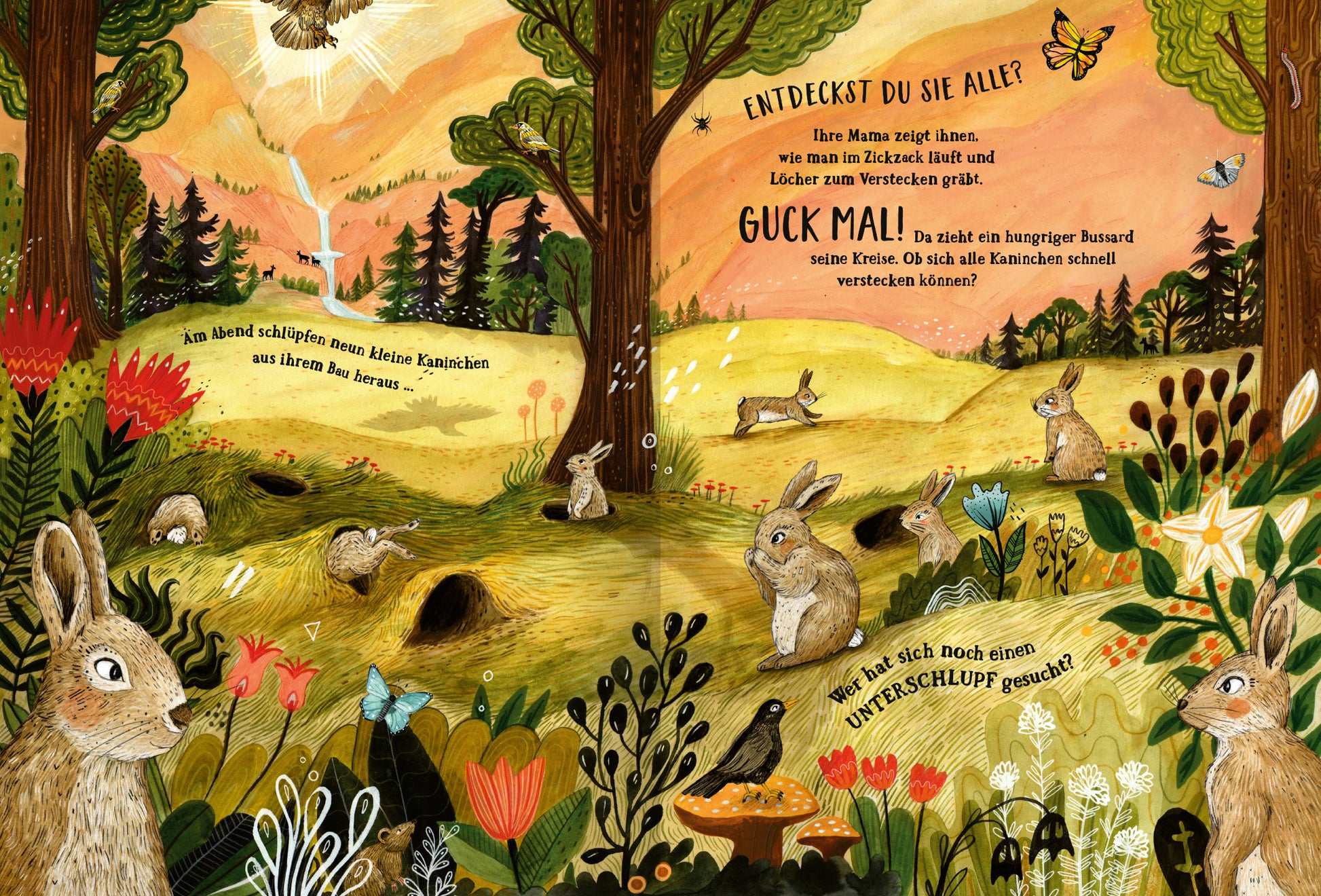 Gezeigt wird eine Innen- oder Zusatzansicht von „Wald der Wunder“. Die Illustration zeigt eine lebendige Waldlandschaft in sanften Erdtönen mit einem warmen, gelben Himmel. Zahlreiche Tiere, insbesondere Hasen, sind zwischen bunten Blumen und grünen Sträuchern platziert. Der Text hebt Fragen und Aufforderungen hervor, die in verspielter Schriftart gestaltet sind. Die zentrale Botschaft ermutigt zur Entdeckung der versteckten Lebewesen im Bild, während es eine einladende und fröhliche...