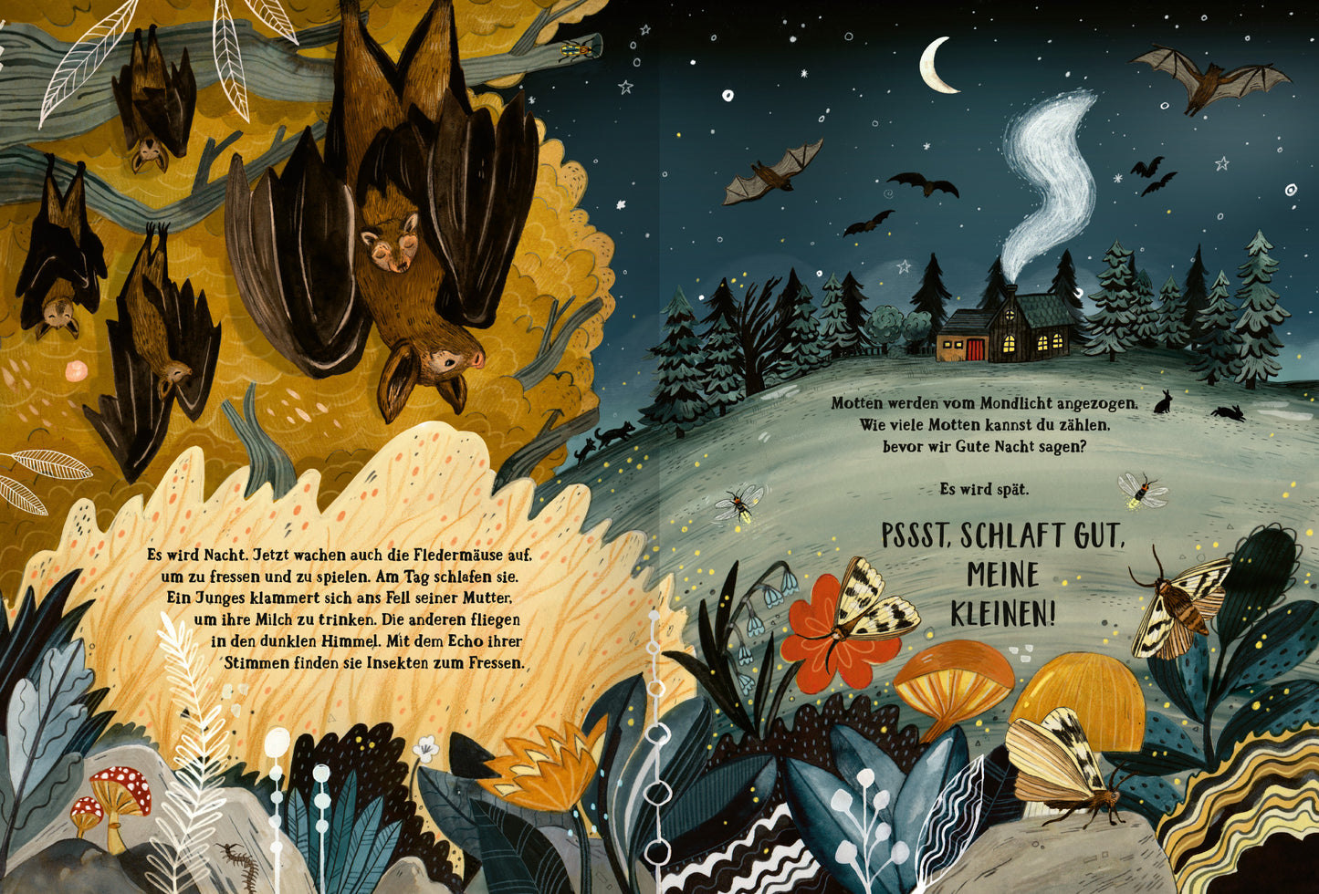 Gezeigt wird eine Innen- oder Zusatzansicht von „Wald der Wunder“. Die Illustration zeigt eine nächtliche Szenerie mit schlafenden Fledermäusen, die kopfüber an Branches hängen. Im Vordergrund sind farbenfrohe Blumen und Pflanzen in lebendigen Farben wie Rot, Gelb und Blau dargestellt. Im Hintergrund leuchtet ein kleines Haus, aus dem Rauch aufsteigt, während der Himmel mit einem dunklen Blau und funkelnden Sternen gefüllt ist. Die freundliche Typografie in der Mitte vermittelt eine...