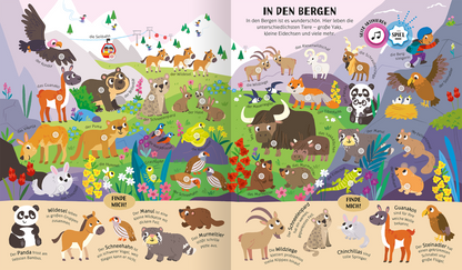 Gezeigt wird eine Innen- oder Zusatzansicht von „Mein riesengroßes Soundbuch Tiere“. Die bunte Illustration zeigt verschiedene Tiere in einem Bergland. In der oberen Hälfte befinden sich lebhaft darstellte Tiere wie Yaks und Bergziegen, umgeben von grünen Wiesen und bunten Blumen. Die Farbpalette umfasst sanfte Pastelltöne und kräftige Akzente. Die Typografie ist freundlich und verspielt, mit großen, gut lesbaren Schriftarten und informativen Texten zu den Tieren.