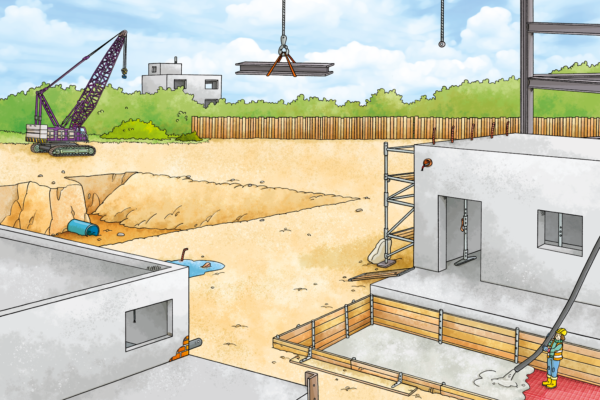 Gezeigt wird eine Innen- oder Zusatzansicht von „Erstes Stickern Metallic – Baustelle“. Die Szene zeigt eine Baustelle mit mehreren unvollendeten Gebäuden in hellen Grautönen. Im Hintergrund befindet sich ein Kran, der Stahlträger hebt, während rechts eine Leiter an einem der Gebäudeteile befestigt ist. Die Umgebung ist grün mit Bäumen und einem Holzlattenzaun. Der Himmel ist blau mit einigen Wolken, was eine freundliche Atmosphäre schafft. Die Illustration nutzt eine klare,...