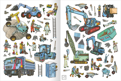 Gezeigt wird eine Innen- oder Zusatzansicht von „Erstes Stickern Metallic – Baustelle“. Die Illustration zeigt verschiedene Baustellenfahrzeuge und Arbeiter in bunten, hellen Farben. Zu erkennen sind ein Bagger, ein Lkw und ein Kran, umgeben von Bauwerkzeugen wie Schaufeln und Zementmischern. Die Typografie ist klar und kindgerecht gestaltet, was die Themen Baustelle und Arbeiten anschaulich vermittelt. Die gesamte Darstellung ist lebhaft und einladend.