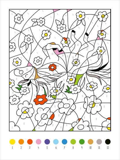 Gezeigt wird eine Innen- oder Zusatzansicht von „Mein dickes Malen-nach-Zahlen-Buch – Pferde und Ponys“. Die Seite zeigt ein detailliertes Motiv mit zwei Pferden, umgeben von blühenden, bunten Blumen. Die Umrisse sind schwarz und die Felder sind nummeriert. Eine Farbpalette am unteren Rand zeigt verschiedene Töne, darunter Orange, Gelb, Blau und Rosa, die zum Ausmalen verwendet werden können. Die typografische Darstellung der Zahlen ist klar und gut lesbar.