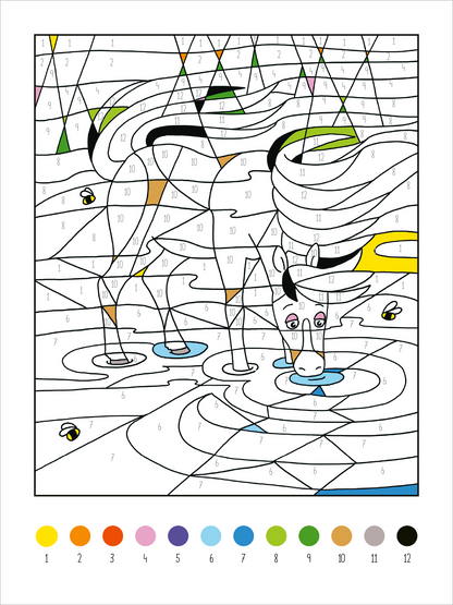 Gezeigt wird eine Innen- oder Zusatzansicht von „Mein dickes Malen-nach-Zahlen-Buch – Pferde und Ponys“. Die Abbildung zeigt ein farbig unvollendetes Bild eines Pferdes, das an einer Wasserstelle trinkt. Die Konturen sind in schwarz und die Felder sind mit Zahlen versehen, die den richtigen Farben zugeordnet sind. Die Farbpalette am unteren Rand umfasst lebendige Farben wie Orange, Pink, Blau und Grün, ergänzt durch erdige Töne, die die sommerliche Szenerie unterstreichen.