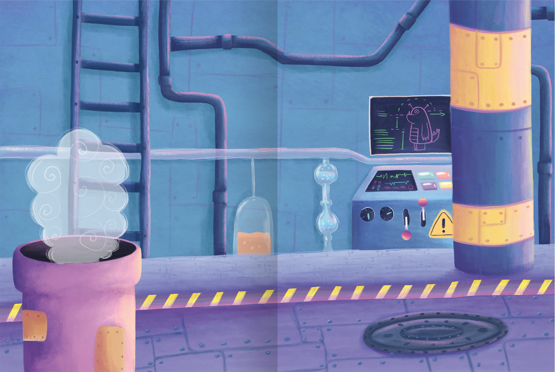 Gezeigt wird eine Innen- oder Zusatzansicht von „Mein flauschiges Stickerheft – Monster“. Die Szene zeigt einen fantasievollen Laborraum mit einer lila Rohrleitung im Vordergrund, aus der graue Dampfwolken aufsteigen. Im Hintergrund sind graue Wände mit blauen Rohren und einem Kontrollpanel, das bunte Knöpfe und ein Bildschirm zeigt. Gelbe Warnstreifen zieren den Boden, und ein großes Loch weist auf eine Abflussöffnung hin. Die Farben sind lebhaft und einladend.