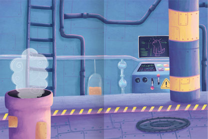 Gezeigt wird eine Innen- oder Zusatzansicht von „Mein flauschiges Stickerheft – Monster“. Die Szene zeigt einen fantasievollen Laborraum mit einer lila Rohrleitung im Vordergrund, aus der graue Dampfwolken aufsteigen. Im Hintergrund sind graue Wände mit blauen Rohren und einem Kontrollpanel, das bunte Knöpfe und ein Bildschirm zeigt. Gelbe Warnstreifen zieren den Boden, und ein großes Loch weist auf eine Abflussöffnung hin. Die Farben sind lebhaft und einladend.