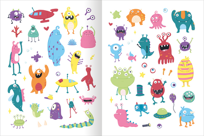 Gezeigt wird eine Innenansicht von „Mein flauschiges Stickerheft – Monster“. Der Stickerbogen präsentiert farbenfrohe, cartoonhafte Monster in verschiedenen Formen und Größen, überwiegend in leuchtenden Farben wie Pink, Blau, Grün und Gelb. Einige Monster tragen lustige Accessoires wie Hüte oder Brillen.