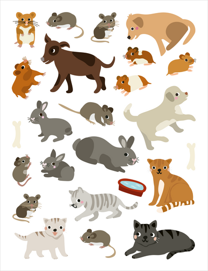 Gezeigt wird eine Innen- oder Zusatzansicht von „Mein allererster Stickerblock – Tierkinder“. Das Bild zeigt eine bunte Ansammlung von Tierspielen, hauptsächlich in sanften Pastelltönen. Zu sehen sind unter anderem verspielte Katzen, Hundewelpen, Mäuse und Hamster. Die typografische Gestaltung ist klar und kindgerecht, mit freundlichen, runden Formen, die eine lebhafte und einladende Atmosphäre schaffen.