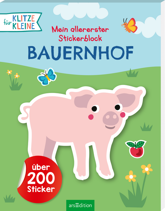 Das Cover zeigt ein fröhliches, pastellfarbenes Design mit einem großen, niedlichen, rosa Schweinchen in der Mitte. Um das Schwein sind fröhliche Elemente wie eine Schmetterlinge und Blumen in lebhaften Farben angeordnet. Der Titel „Bauernhof“ ist in einer klaren, blauen Schrift prominent platziert, während der Hinweis „Mein allererster Stickerblock“ in einer verspielten Schrift darüber steht. Unten links befindet sich ein roter Kreis mit dem Text „über 200 Sticker“. Ganz...