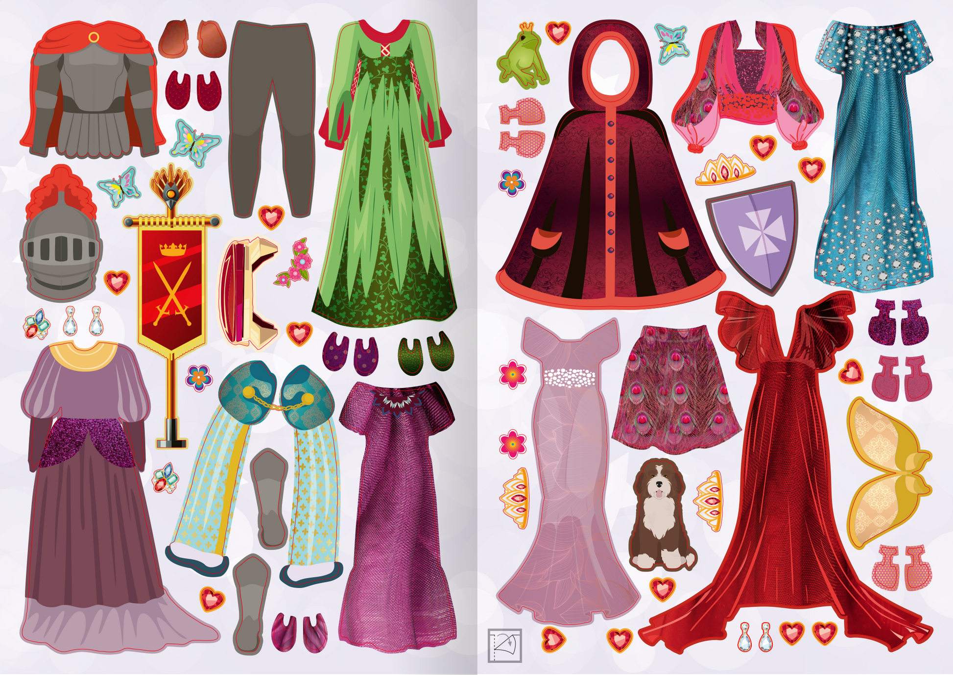 Gezeigt wird eine Innen- oder Zusatzansicht von „Sticker-Anziehpuppen Metallic – Prinzessinnen und Prinzen“. Die Illustration zeigt eine Vielzahl von bunten Kleidungsstücken und Accessoires in leuchtenden Farben wie Rot, Grün, Lila und Blau. Abgebildet sind verschiedene Prinzessinnen- und Prinzenkostüme, darunter elegante Kleider, Umhänge und Rüstungen. Zusätzlich sind Accessoires wie Schuhe, Tiere und ein Wappen ergänzt, die in verspielter Anordnung auf einem weißen Hintergrund...