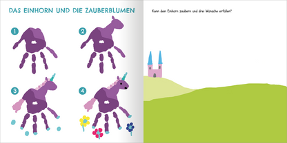 Gezeigt wird eine Innen- oder Zusatzansicht von „Mein allererstes Fingermalbuch – Lustige Tiere“. Auf der linken Seite sind die Schritte zum Malen eines Einhorns in kräftigen Violett- und Grüntönen abgebildet, mit handflächigen Formen und bunten Blumen. Die rechte Seite zeigt eine minimalistische Landschaft mit sanften Hügeln und einem bunten Schloss im Hintergrund. Die Schrift ist klar und freundlich, ideal für Kinder.