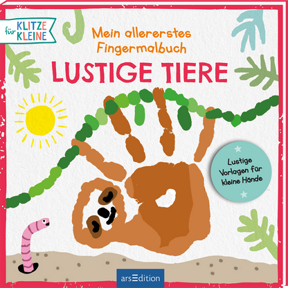 Das Buchcover zeigt ein fröhliches Sloth, das an einem grünen Blatt hängt, umgeben von bunten, handgezeichneten Elementen. Oben links steht in blauer Schrift „Mein allererstes Fingermalbuch“, gefolgt von dem Titel „Lustige Tiere“ in kräftigem Rot. Der Sonnenstrahl rechts oben und der kleine Regenwurm unten links ergänzen die verspielte, kindgerechte Atmosphäre. Ganz rechts befindet sich ein blauer Button mit dem Text „Lustige Vorlagen für kleine Hände“. Ganz unten mittig...