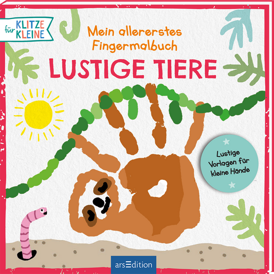Das Buchcover zeigt ein fröhliches Sloth, das an einem grünen Blatt hängt, umgeben von bunten, handgezeichneten Elementen. Oben links steht in blauer Schrift „Mein allererstes Fingermalbuch“, gefolgt von dem Titel „Lustige Tiere“ in kräftigem Rot. Der Sonnenstrahl rechts oben und der kleine Regenwurm unten links ergänzen die verspielte, kindgerechte Atmosphäre. Ganz rechts befindet sich ein blauer Button mit dem Text „Lustige Vorlagen für kleine Hände“. Ganz unten mittig...