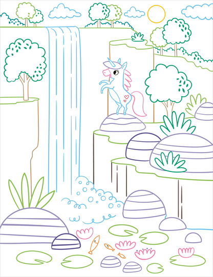 Gezeigt wird eine Innen- oder Zusatzansicht von „Zauberbilder – Einhörner“. Die Illustration zeigt ein fröhliches Einhorn, das vor einem Wasserfall steht, umgeben von sanften, gewellten Felsen und grünen Pflanzen. Die Farben sind sanft und pastellig, mit vorherrschendem Blau für den Wasserfall, Pink und Blau für das Einhorn und unterschiedlichen Grüntönen für die Bäume. Die Typografie ist verspielt und harmonisch in die Szene integriert.