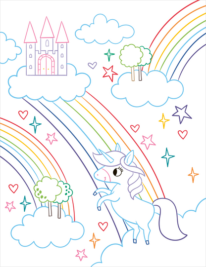 Gezeigt wird eine Innen- oder Zusatzansicht von „Zauberbilder – Einhörner“. Die Illustration zeigt ein fröhliches Einhorn, das auf einer Wolke steht. Es ist in sanften Pastellfarben gehalten, hauptsächlich in Weiß mit lila und blauen Akzenten. Bunte Regenbögen erstrecken sich über den Himmel, umgeben von Wolken und Bäumen in verschiedenen Grüntönen. Ein Märchenschloss in Rosa und lila ergänzt die Szene, während kleine Herzen und Sterne in lebhaften Farben verteilt sind.
