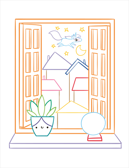 Gezeigt wird eine Innenansicht von „Zauberbilder – Einhörner“. Die Illustration zeigt ein offenes Fenster mit bunten Fensterläden in orange und gelb. Draußen sind einige stilisierte Häuser in unterschiedlichen Farben, darunter rot und blau, zu sehen. Ein Einhorn fliegt durch einen nächtlichen Himmel mit einem Mond und funkelnden Sternen. Auf der Fensterbank steht ein lächelnder Topf mit einer Pflanze und eine runde, durchsichtige Glaskugel. Die Linien sind klar und farbenfroh, was...