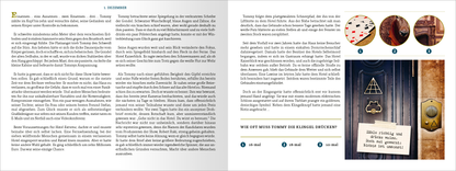 Gezeigt wird eine Innen- oder Zusatzansicht von „Escape Room. Das Hotel der tausend Augen“. Auf der linken Seite sind mehrere Absätze Text in dunkler Schrift auf hellem Hintergrund angeordnet, die das Setting und die Handlung des Spiels skizzieren. Rechts sind Elemente einer Rätselfrage abgebildet: drei runde Illustrationen und eine detailreiche Tür mit einem Schild, auf dem ein Hinweis in handschriftlicher Schrift steht. Die Farben sind überwiegend in warmen Erdtönen gehalten,...