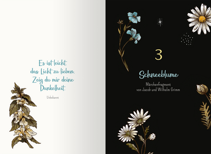 Gezeigt wird eine Innen- oder Zusatzansicht von „Von Hexen und Raunächten. 24 magische Geschichten“. Auf der linken Seite ist ein sanfter, heller Hintergrund mit der Aufschrift „Es ist leicht: das Licht zu lieben. Zeig du mir deine Dunkelheit.“ in einer geschwungenen, blauen Schrift. Die rechte Seite präsentiert einen tiefschwarzen Hintergrund mit der großen, weißen Ziffer „3“ und dem Titel „Schneeblume“ in eleganter, heller Schrift. Florale Illustrationen in sanften Farben...