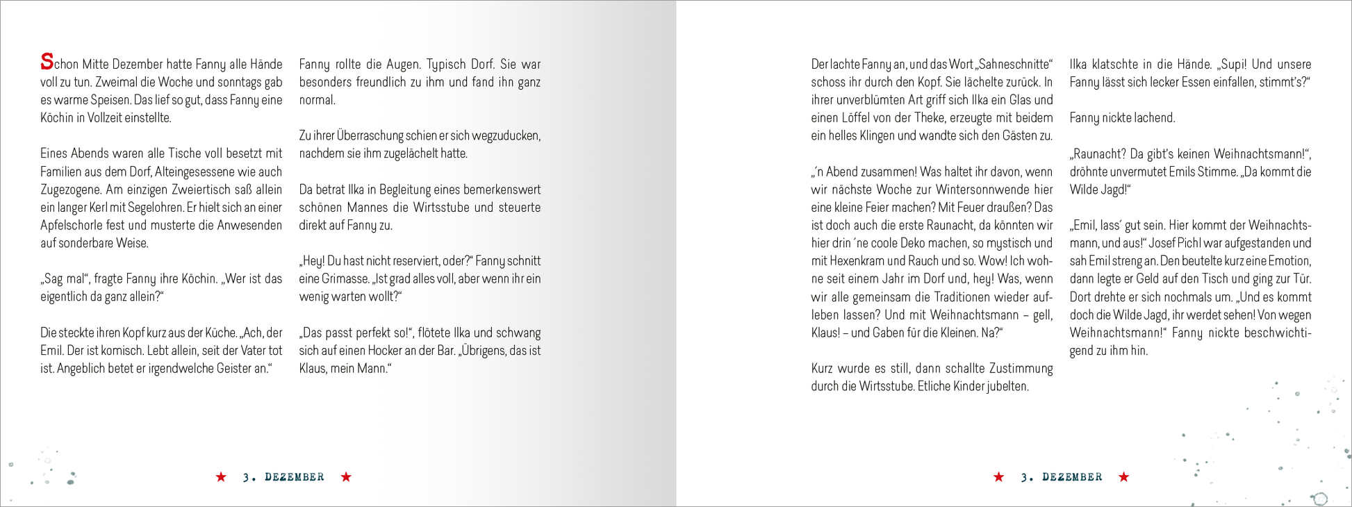 Gezeigt wird eine Innen- oder Zusatzansicht von „Raunachtmord“. Die Seiten zeigen eine helle Farbgestaltung mit viel Weißraum, kombiniert mit roten Akzenten. Die Typografie ist klar und gut lesbar, wobei die Absätze deutlich voneinander getrennt sind. Auf der linken Seite sind mehrere Zeilen Text in einer leicht verschnörkelten Schriftart, die einen erzählenden Charakter vermittelt. Auf der rechten Seite befindet sich eine fortlaufende Erzählung mit klaren, geraden Linien, die die...