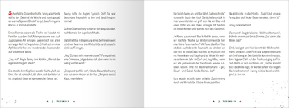 Gezeigt wird eine Innen- oder Zusatzansicht von „Raunachtmord“. Die Seiten zeigen eine helle Farbgestaltung mit viel Weißraum, kombiniert mit roten Akzenten. Die Typografie ist klar und gut lesbar, wobei die Absätze deutlich voneinander getrennt sind. Auf der linken Seite sind mehrere Zeilen Text in einer leicht verschnörkelten Schriftart, die einen erzählenden Charakter vermittelt. Auf der rechten Seite befindet sich eine fortlaufende Erzählung mit klaren, geraden Linien, die die...
