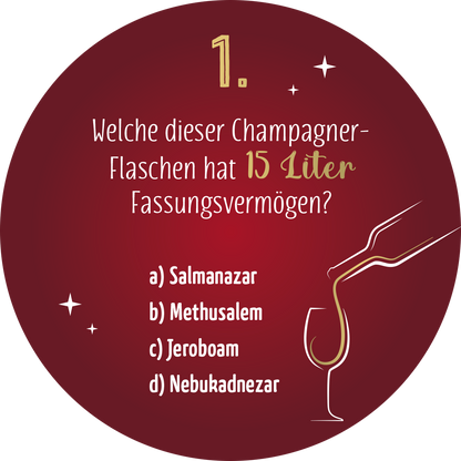 Gezeigt wird eine Innen- oder Zusatzansicht von „Adventskalender in der Dose. Einschenken ist auch schenken!“. Der Hintergrund ist in einem tiefen Rot gehalten, das eine festliche Stimmung vermittelt. In der oberen linken Ecke steht die Zahl „1“ in goldener, eleganter Typografie. Der Text fragt nach der Größe einer Champagnerflasche und ist in einer verspielten Schriftart in Weiß und Gold gestaltet. Am rechten Rand ist ein stilisierte Glaskelcher mit einem Champagnerstrahl...
