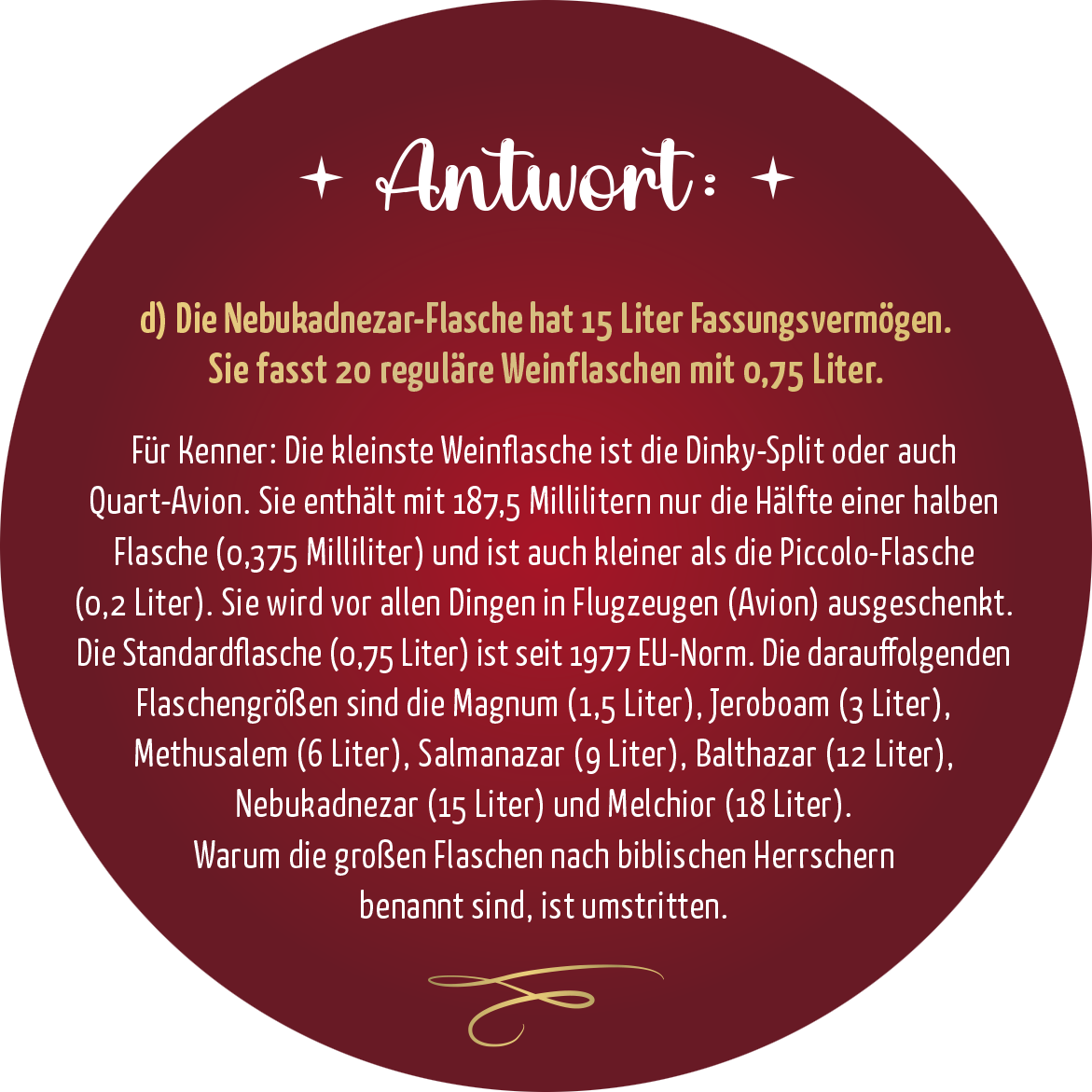Gezeigt wird eine Innen- oder Zusatzansicht von „Adventskalender in der Dose. Einschenken ist auch schenken!“. Die Darstellung zeigt einen runden, tiefroten Hintergrund mit weißer Schrift. Der Text ist groß und gut lesbar, in einer freundlichen, geschwungenen Typografie. Die zentrierte Anordnung des Inhalts wirkt ansprechend und einladend. Der informative Charakter wird durch klare Strukturen und präzise Wortwahl unterstützt, was die Zugänglichkeit für alle Leser fördert.