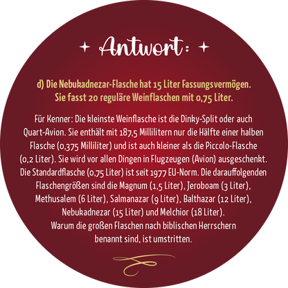 Gezeigt wird eine Innen- oder Zusatzansicht von „Adventskalender in der Dose. Einschenken ist auch schenken!“. Die Darstellung zeigt einen runden, tiefroten Hintergrund mit weißer Schrift. Der Text ist groß und gut lesbar, in einer freundlichen, geschwungenen Typografie. Die zentrierte Anordnung des Inhalts wirkt ansprechend und einladend. Der informative Charakter wird durch klare Strukturen und präzise Wortwahl unterstützt, was die Zugänglichkeit für alle Leser fördert.