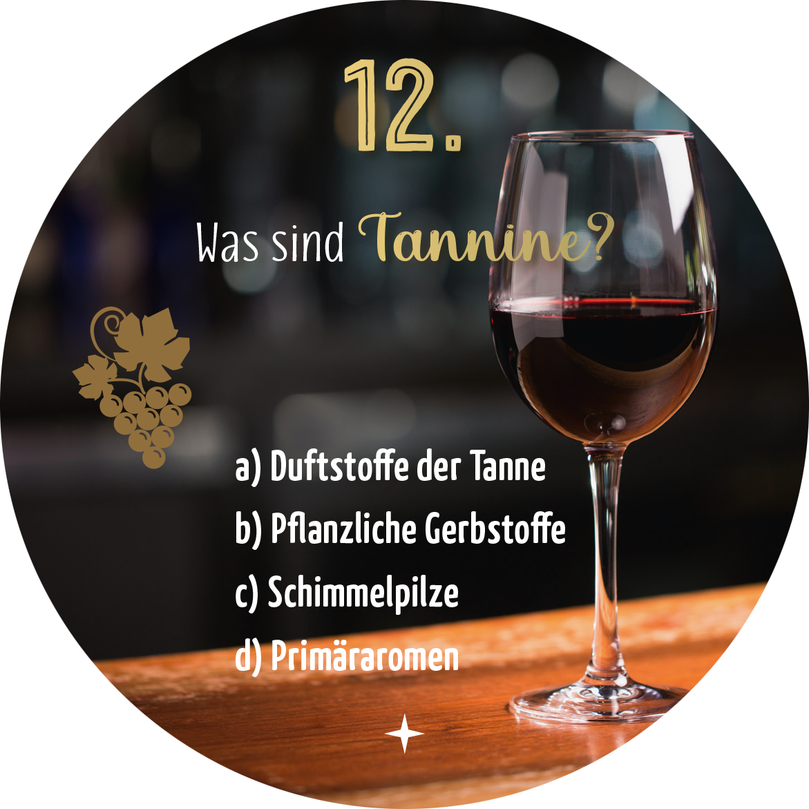 Gezeigt wird eine Innen- oder Zusatzansicht von „Adventskalender in der Dose. Einschenken ist auch schenken!“ Der Kreis zeigt eine elegante Weinglasansicht mit rotem Wein, platziert auf einer Holzoberfläche. Im Hintergrund verschwommen erkennbar sind weiche, farbige Lichter, die eine festliche Atmosphäre schaffen. Die Frage „Was sind Tannine?“ und die Antwortoptionen a) bis d) sind in einer klaren, gut lesbaren Schrift dargestellt. Die Hauptfarbe ist ein tiefes Rot, ergänzt durch...