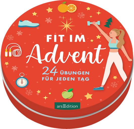 Das Buchcover zeigt einen runden, rot Hintergrund mit festlichen Motiven wie Sternen, Tannenzweigen und Sportutensilien. In der oberen Mitte prangt der Titel „FIT IM Advent“ in einer verspielten, weißen Schrift. Darunter stehen die Worte „24 Übungen für jeden Tag“ in klarer, blauer Typografie. Eine sportliche Frau hebt in dynamischer Pose eine Hantel. Die Farbpalette strahlt festliche Stimmung aus. Ganz unten mittig steht der Logoschriftzug von arsEdition.