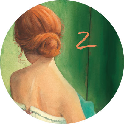 Gezeigt wird eine Innen- oder Zusatzansicht von „Adventskalender in der Dose. Mama“. Auf der Illustration ist eine junge Frau mit schimmerndem, rotem Haar zu sehen, die den Rücken zur Kamera dreht. Sie ist in sanftes Licht getaucht, während ihr Oberteil in hellen Blau- und Rosatönen gehalten ist. Im Hintergrund sind grüne Wände sichtbar, die einen harmonischen Kontrast zur warmen Farbpalette der Figur bilden. Die Zahl „2“ ist in einem verspielten, orangefarbenen Schriftzug...