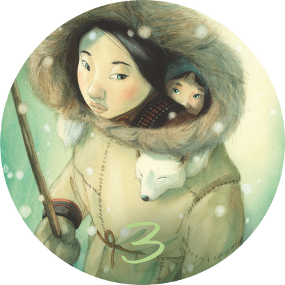 Gezeigt wird eine Innen- oder Zusatzansicht von „Adventskalender in der Dose. Mama“. Die Illustration zeigt eine junge Frau mit einer großen, pelzigen Kapuze, die einen kleinen Jungen im Hintergrund sanft umarmt. Umgeben von sanften, pastellfarbenen Tönen und fallendem Schnee, strahlt die Szene eine ruhige, winterliche Atmosphäre aus. Die Typografie in sanftem Grün zeigt die Zahl „3“ und harmoniert mit dem sanften Farbschema der Darstellung.