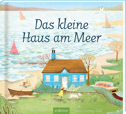 Auf dem Cover „Das kleine Haus am Meer“ von Kelly Jordan und Jessica Courtney-Tickle ist ein idyllisches, hellblaues Haus mit einem braunen Satteldach abgebildet. Es steht umgeben von bunten Pflanzen und einem weißen Hund. Im Hintergrund glitzert das Meer, während kleine Segelboote auf den Wellen schippern. Die Schrift ist verspielt und in einer geschwungenen Typografie gehalten. Ein SPIEGEL-Bestseller-Button ist in der unteren Ecke sichtbar. Ganz unten mittig steht der Logoschriftzug von...
