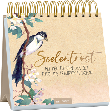 Das Buchcover zeigt einen sanften, beige-harmonischen Hintergrund mit einer Aquarell-Illustration eines Baumes und einer schwarz-weißen Vogelart, die auf einem Ast sitzt. Der Titel „Seelentrost“ ist in eleganter, goldener Schrift platziert, darunter steht in schlichter, grauer Schriftzug: „Mit den Flügeln der Zeit fliegt die Traurigkeit davon“. Das Cover vermittelt eine ruhige und tröstliche Atmosphäre. Ganz unten mittig steht der Logoschriftzug von arsEdition.