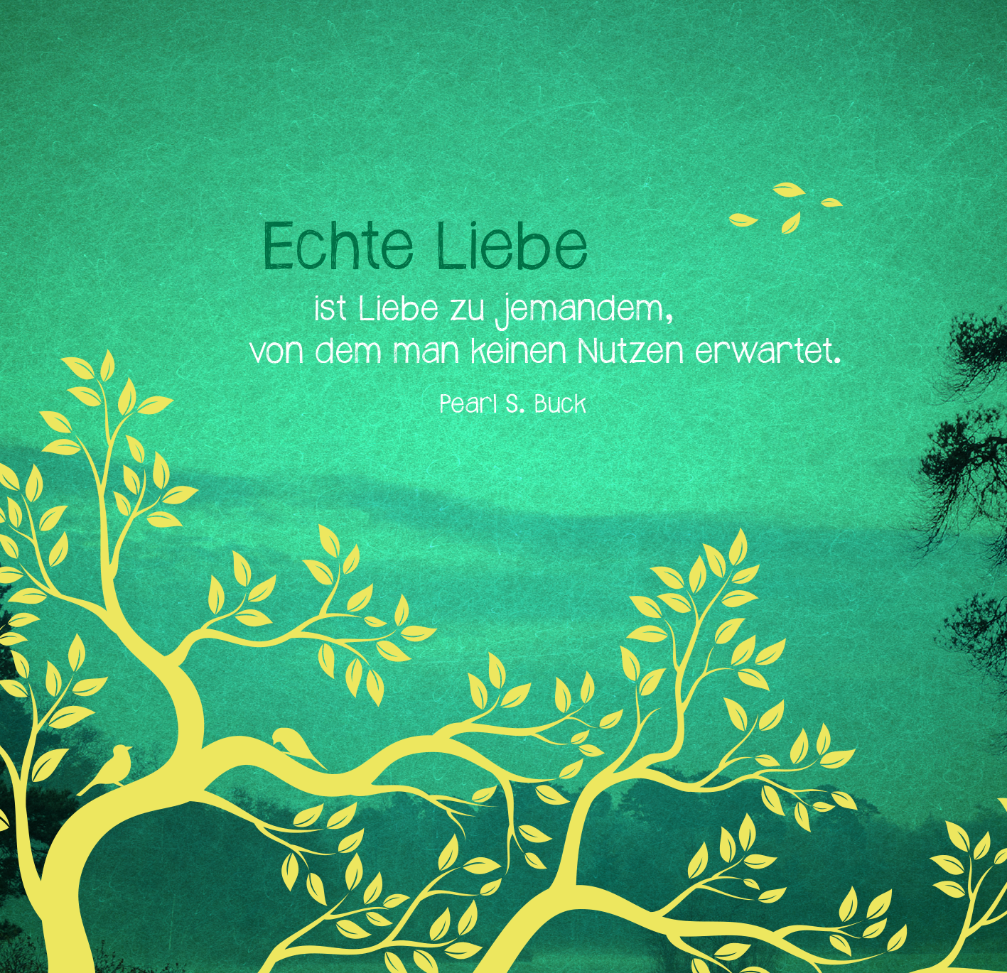 Gezeigt wird eine Innen- oder Zusatzansicht von „Uralte Weisheiten der Bäume“. Der Hintergrund ist in sanftem Türkis gehalten, während ein geschwungener Baum in leuchtendem Gelb angezeigt wird. Die Blätter des Baumes in verschiedenen Grüntönen verleihen dem Bild Lebendigkeit. Die zentrale Ausgestaltung enthält den Spruch „Echte Liebe ist Liebe zu jemandem, von dem man keinen Nutzen erwartet“ in einer gut lesbaren, modernen Schriftart. Der Autor wird klein und dezent in einer...